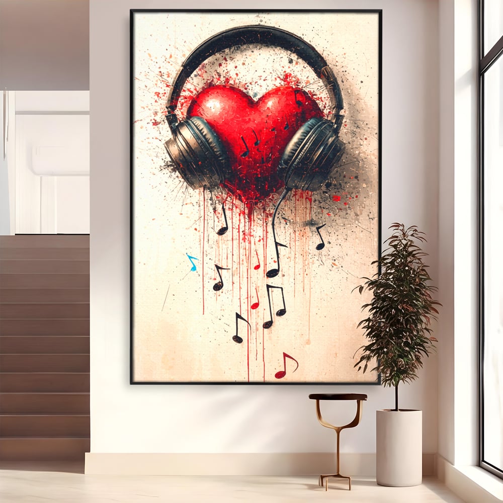 Tablou canvas cu tablou canvas cu inima rosie si casti audio, in rama de aluminiu negru